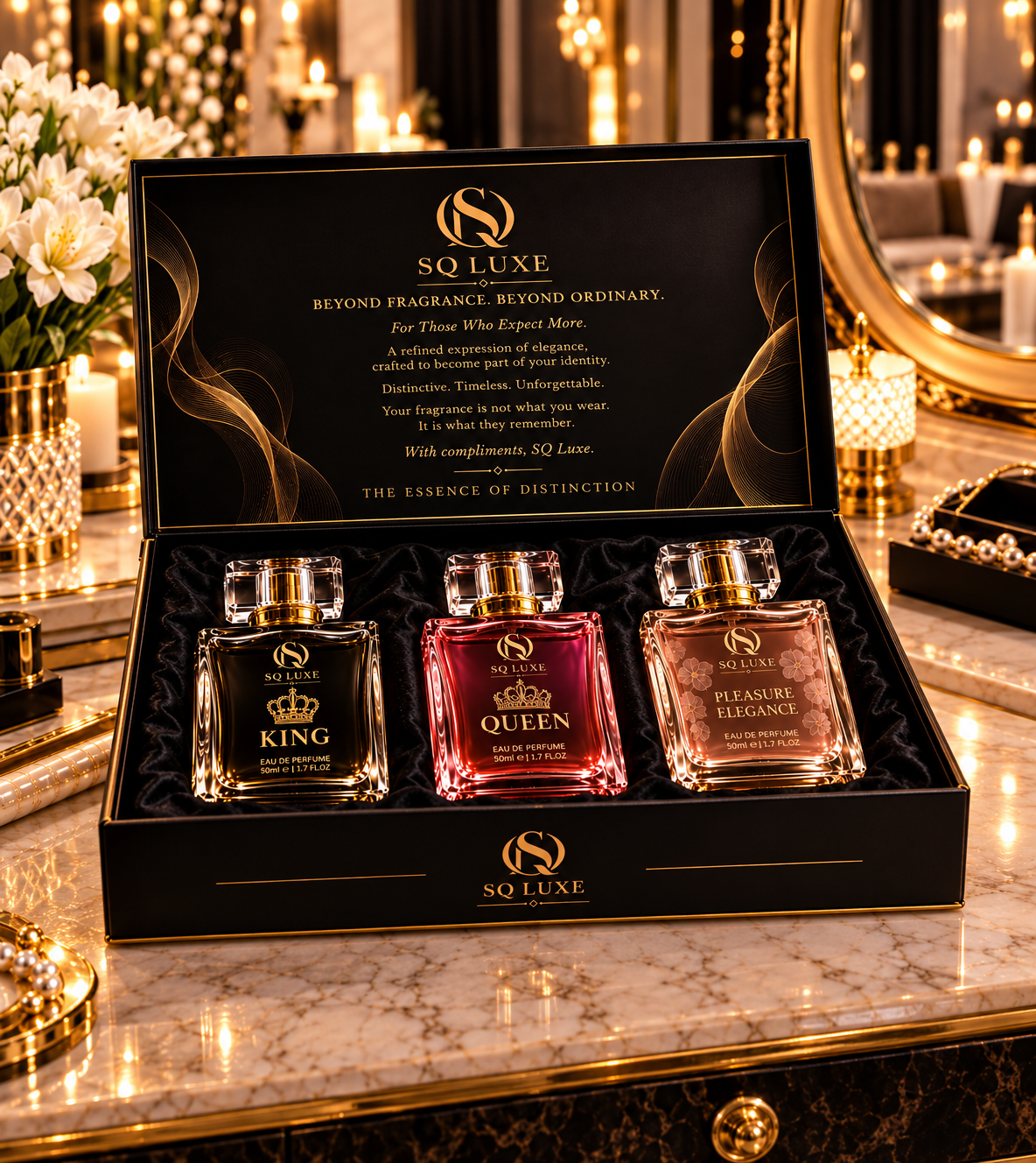 SQ Luxe King, Queen, and Pleasure Elegance Eau de Parfum gift set, 50ml each
