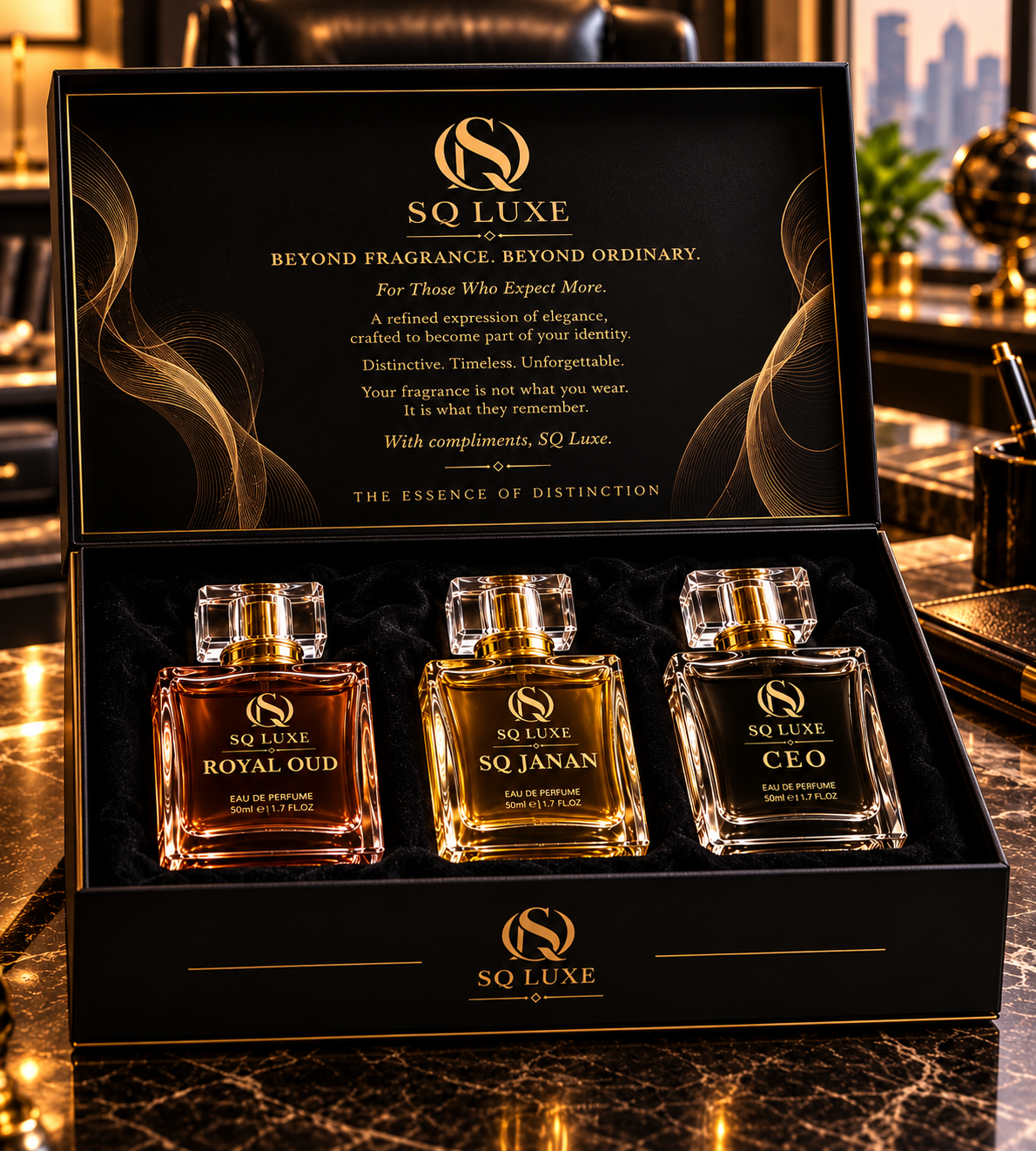SQ Luxe Royal Oud, CEO, and SQ Janan Eau de Parfum gift set, 50ml each
